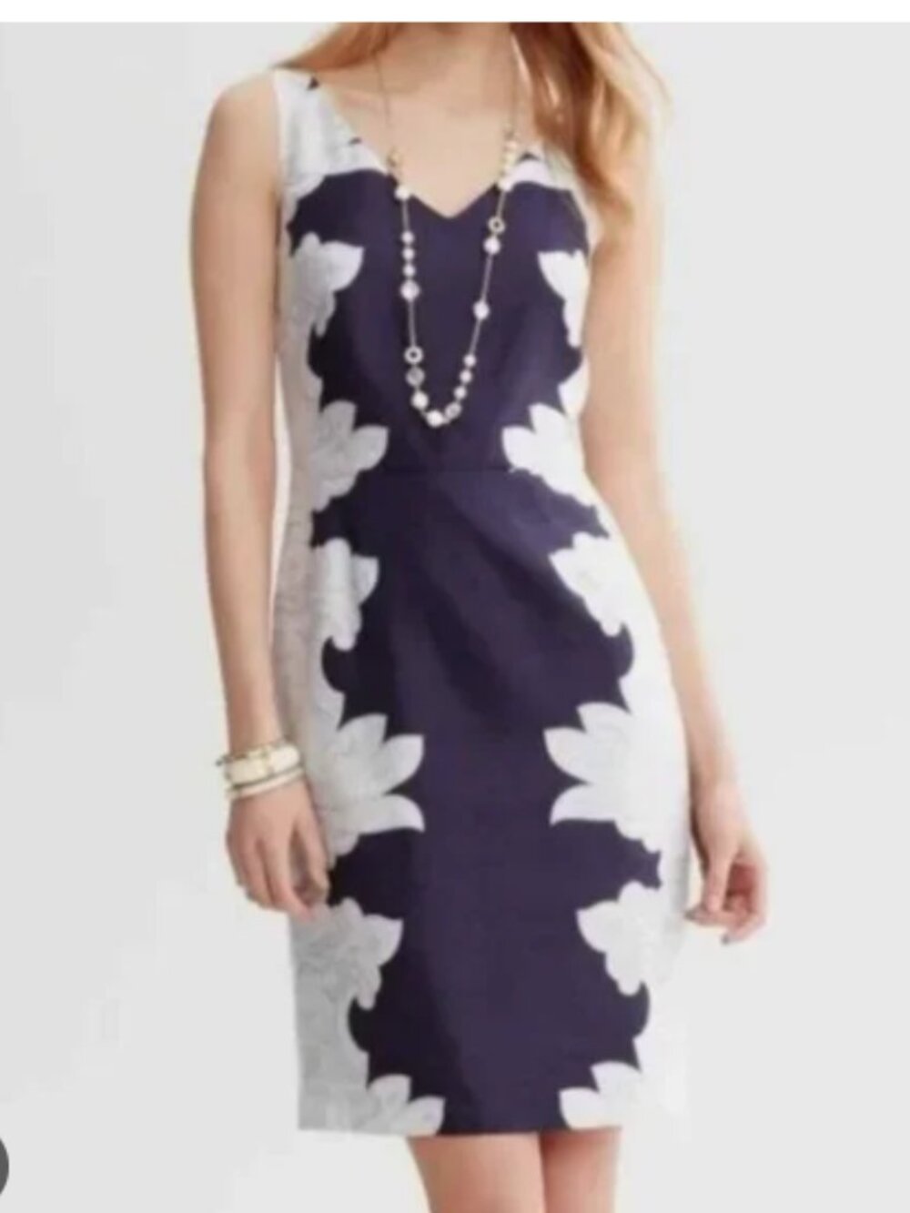 Banana Republic Paisley Print Linen Blend Midi Sheath Dress White Navy NWT Sz 4P